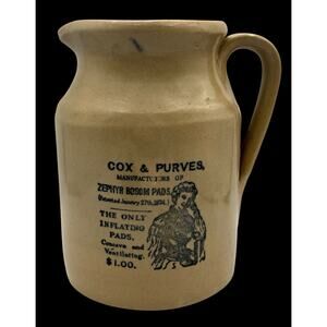 Vtg English Stoneware Pitcher Advertising Cox & Purves Bosom Pads England 8.5"
